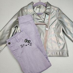 Sanrio Hello Kitty Girls Metallic Silver Moto Jacket & Pants Outfit Set Size 6